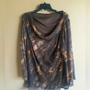 Brown Leopard Beaded Tunic Top XL 1X Cowl Neck Angel Sleeves 100% Silk Lined